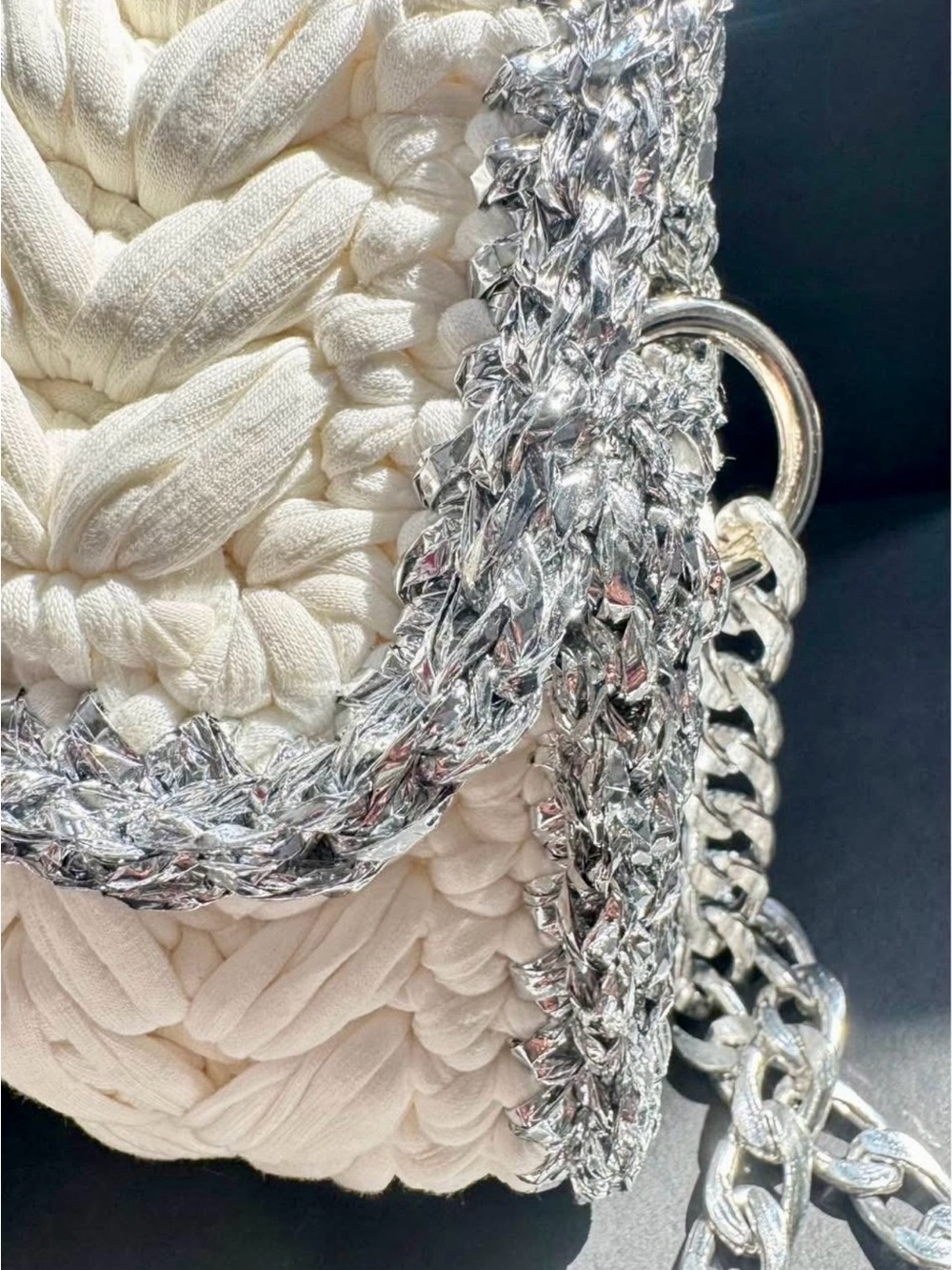 White Crochet Mini Top-Handle Bag with Silver Trim - Picture 4 of 6